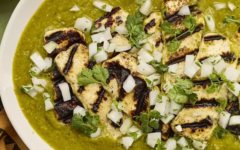 Grilled Panela Cheese with Roasted Tomatillo and Poblano Salsa