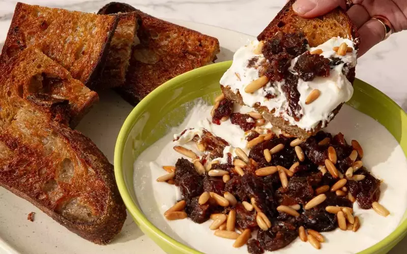 Creamy Feta Dip with Caramelized Dates and Toasted Pine Nuts
